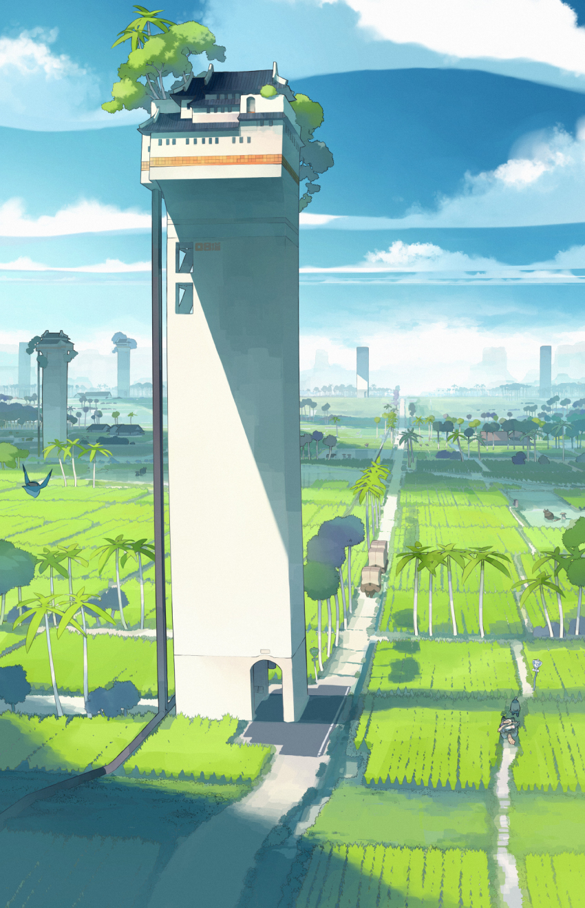 1girl 1other akitsu_taira animal arch architecture bird blue_bird_(akitsu_taira) blue_sky building cat cloud day east_asian_architecture farm from_above highres house izumi_luna_(akitsu_taira) motor_vehicle original outdoors palm_tree rice_paddy river road road_sign rural scenery sign sky skyscraper toranyun_(akitsu_taira) tree truck water_buffalo
