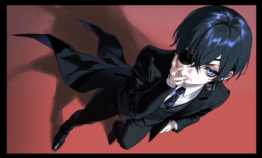 1boy bishounen black_hair black_pants black_shoes black_suit black_vest blue_eyes blue_necktie ciel_phantomhive closed_mouth diagonal-striped_clothes diagonal-striped_necktie eyepatch formal_clothes full_body hair_over_one_eye hand_on_own_face highres jacket kuroshitsuji looking_at_viewer male_focus necktie pants shirt shoes short_hair simple_background solo striped_clothes suit suit_jacket tei(_te_i_328) vest victorian white_shirt
