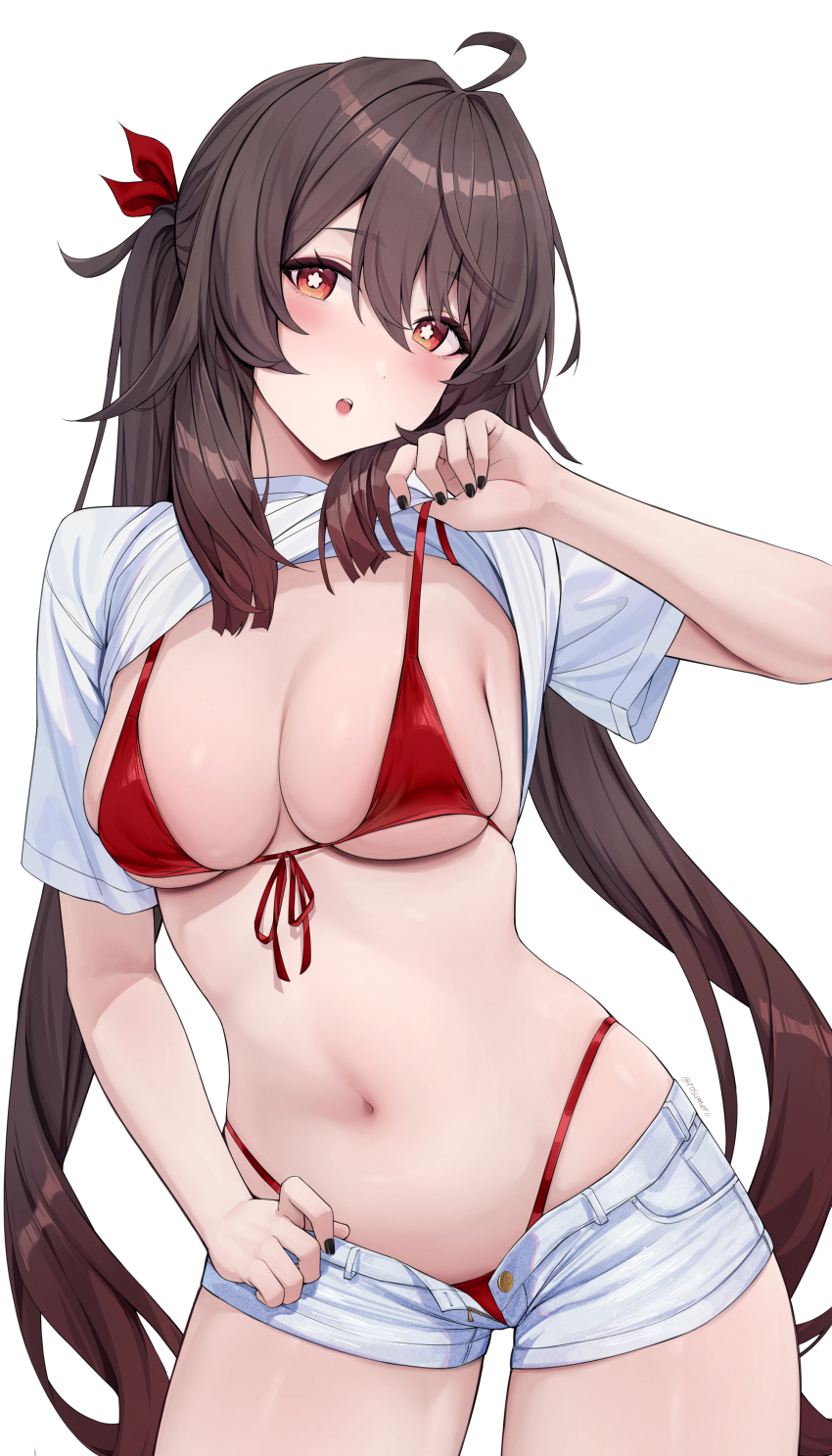 1girl absurdres ahoge alternate_costume bikini bikini_top_pull bikini_top_under_shirt bikini_under_shorts black_nails blush breasts brown_eyes brown_hair cleavage clothes_lift commentary_request cowboy_shot fingernails flower-shaped_pupils front-tie_bikini_top front-tie_top genshin_impact hair_between_eyes head_tilt highres hu_tao_(genshin_impact) large_breasts lifting_own_clothes long_hair looking_at_viewer nail_polish navel open_clothes open_mouth open_shorts pulling_own_clothes rosumerii shirt shirt_lift short_shorts short_sleeves shorts simple_background solo stomach swimsuit symbol-shaped_pupils teeth thighs twintails upper_teeth_only white_background white_shirt