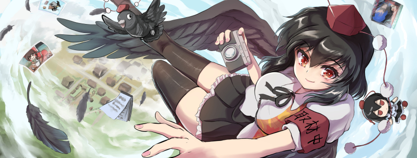 1girl armband bird bird_wings black_feathers black_hair black_ribbon black_skirt black_thighhighs black_wings breasts camera character_doll closed_mouth commentary_request crow doll feathered_wings feathers flying frilled_skirt frills fumo_(doll) hakurei_reimu hat highres holding holding_camera jitome large_breasts leaf_print looking_at_viewer medium_hair miniskirt namiki_(remiter00) neck_ribbon notepad photo_(object) pleated_skirt pom_pom_(clothes) puffy_short_sleeves puffy_sleeves red_eyes red_hat ribbon shameimaru_aya shameimaru_aya_(crow) shirt short_sleeves skirt smile solo thighhighs tokin_hat touhou white_shirt wings zettai_ryouiki