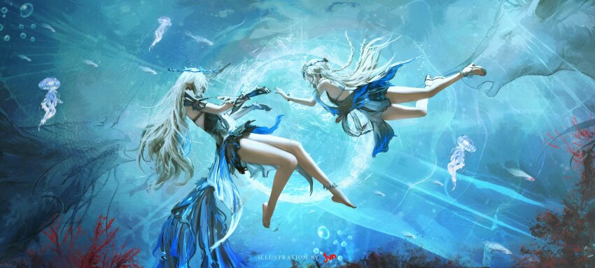 2girls absurdres artist_name bare_legs bare_shoulders barefoot black_dress blonde_hair cartethyia_(wuthering_waves) commentary crown_of_thorns dress english_commentary fleurdelys_(wuthering_waves) from_side gauntlets highres horns imperator_(wuthering_waves) jellyfish jvn legs long_hair multiple_girls pointy_ears sandals single_horn very_long_hair wide_shot wuthering_waves