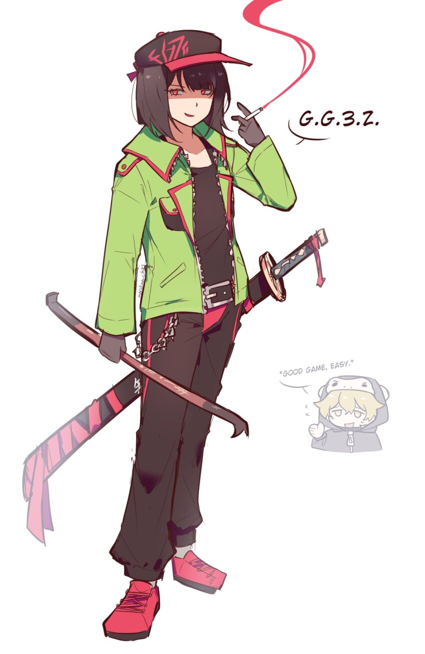 1boy 1girl baseball_cap black_hat black_pants black_shirt block_tales blonde_hair bob_cut cosplay crowbar full_body green_jacket griefer_(block_tales) griefer_(block_tales)_(cosplay) hat highres holding holding_crowbar jacket lapels limbus_company meridian_cities notched_lapels ootachi open_mouth pants project_moon red_shoes roblox ryoshu_(project_moon) shirt shoes short_hair sinclair_(project_moon) smile yellow_eyes