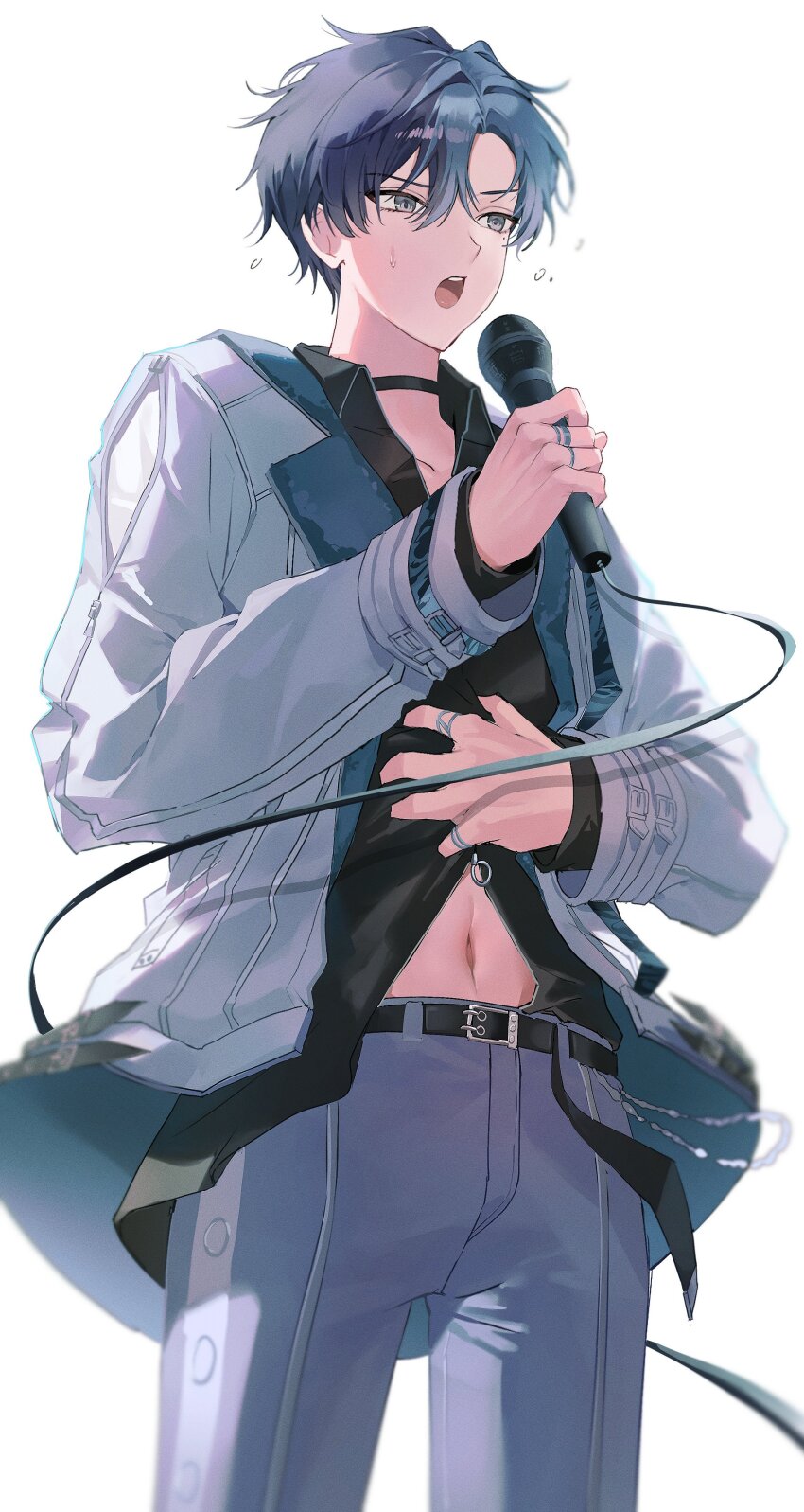 1boy absurdres aoyagi_touya belt belt_buckle black_belt black_choker blue_hair buckle choker cowboy_shot dark_blue_hair gaech0 grey_eyes highres holding holding_microphone jacket jewelry lapels long_sleeves male_focus microphone multicolored_hair navel notched_lapels official_alternate_costume official_alternate_hairstyle open_clothes open_jacket open_mouth project_sekai ring short_hair simple_background solo split-color_hair sweat teeth two-tone_hair upper_teeth_only whip_the_wimp_girl!!_(project_sekai) white_background