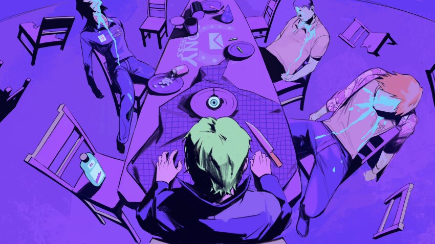 1girl 4boys anya_(mouthwashing) blonde_hair blood blue_blood blue_eyes chair clenched_hands commentary cup curly_(mouthwashing) daisuke_(mouthwashing) eyeball faceless floating floating_object from_above hat highres implied_cannibalism implied_suicide jimmy_(mouthwashing) jumpsuit knife long_sleeves looking_down mouthwash mouthwashing multiple_boys party_hat pill pill_bottle pink_shirt plate purple_background shirt short_sleeves sitting spoilers spoon swansea_(mouthwashing) table xmjlwhy4i5ejkod