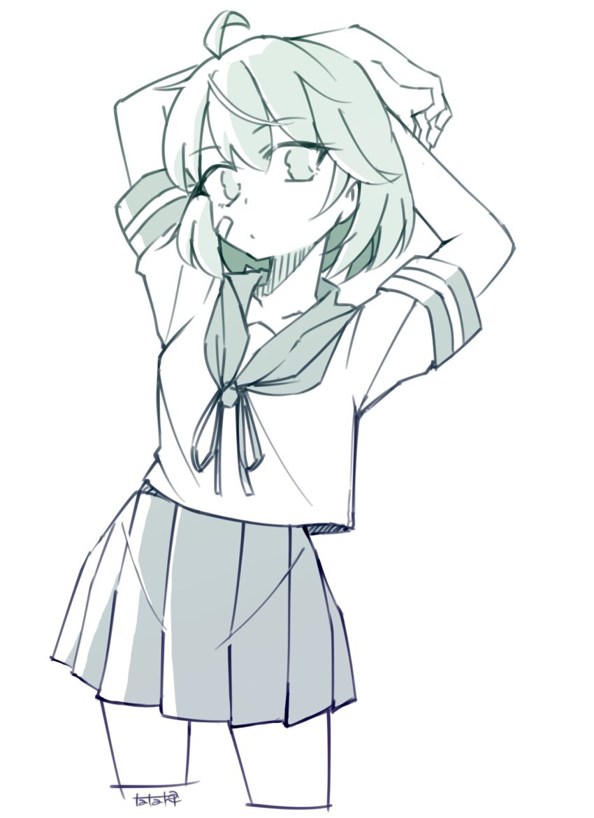 1girl arms_behind_head bandaid bandaid_on_face cowboy_shot cropped_legs greyscale highres kantai_collection looking_at_viewer monochrome oboro_(kancolle) pleated_skirt sailor_collar sailor_shirt school_uniform serafuku shirt simple_background skirt solo standing tatahai