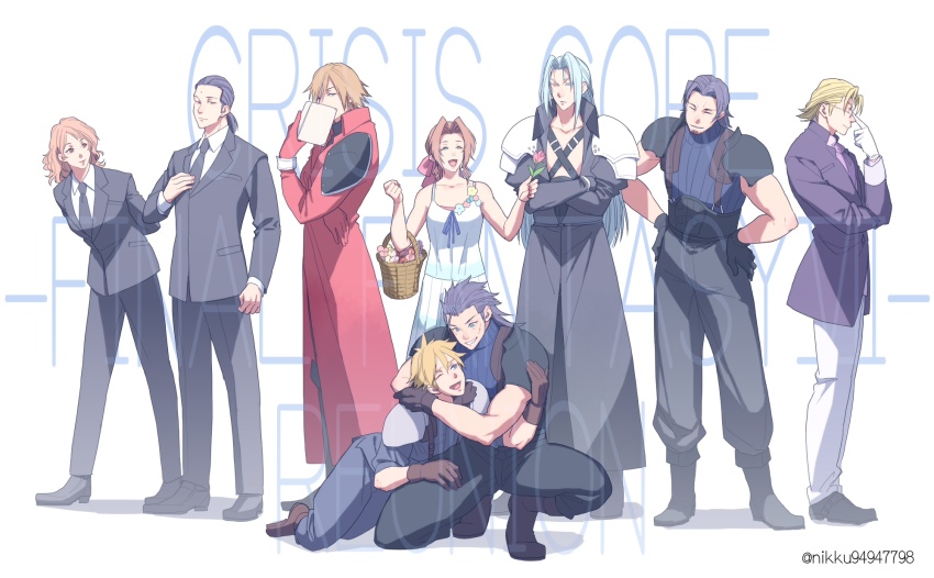 2girls 6+boys adjusting_clothes adjusting_headwear aerith_gainsborough angeal_hewley aqua_eyes armor arms_around_neck baggy_pants bare_arms belt bindi black_footwear black_hair black_jacket black_pants black_suit blonde_hair blue_shirt book bow braid braided_ponytail breasts brown_eyes brown_hair cissnei closed_eyes crisis_core_final_fantasy_vii crossed_arms dress final_fantasy final_fantasy_vii flower flower_basket formal_clothes full_body genesis_rhapsodos glasses green_eyes grey_hair hair_between_eyes hair_bow hair_pulled_back hands_on_own_hips highres holding holding_book holding_flower jacket lazard_deusericus leaning_forward long_hair long_jacket medium_breasts medium_hair multiple_boys multiple_girls necktie one_eye_closed open_mouth pants parted_bangs pink_bow pink_flower ponytail sephiroth shirt short_hair shoulder_armor sleeveless sleeveless_turtleneck sleeves_rolled_up smile spiked_hair square_enix squatting standing suit sundress suspenders t3_(19841230) tseng turks_(ff7) turtleneck twitter_username white_background white_dress white_pants white_shirt