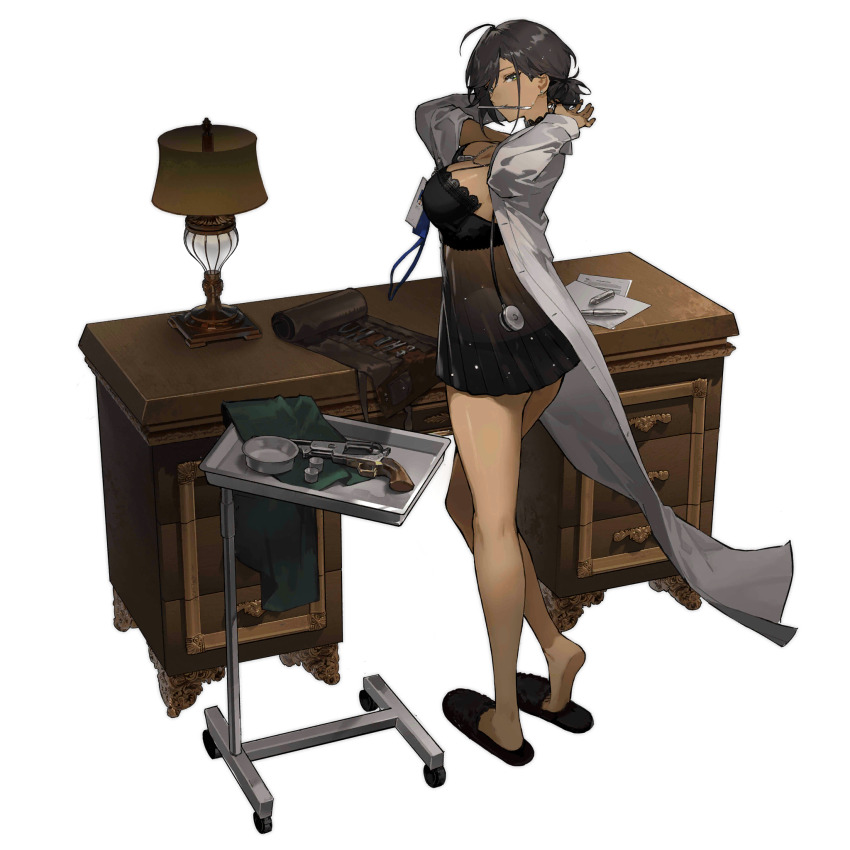 1girl babydoll from_behind bahao_diqiu black_choker black_hair black_nails black_panties black_ribbon breasts choker clipboard colt_walker colt_walker_(girls&#039;_frontline) colt_walker_(pillow_talk_with_maggie)_(girls&#039;_frontline) cup dark-skinned_female dark_skin desk drawer earrings eyebrows_hidden_by_hair girls&#039;_frontline green_eyes grin highres holding holding_clipboard id_card jewelry lab_coat lace lace_choker lace_trim lamp lanyard large_breasts looking_at_viewer medium_hair necklace necklace_between_breasts official_alternate_costume official_art panties paper pen ribbon scalpel slippers smile standing stethoscope stud_earrings tools towel transparent_background tray tsurime tying_hair underwear wooden_desk