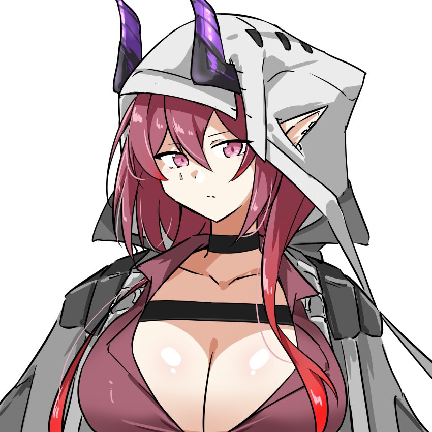 1girl absurdres arknights ascalon_(arknights) black_choker black_horns breasts choker cleavage closed_mouth collarbone commentary_request ears_through_hood grey_jacket hair_between_eyes highres hood hood_down hooded_jacket horns jacket large_breasts long_hair pink_eyes pink_hair pointy_ears purple_horns simple_background solo split_mouth teardrop_facial_mark white_background xibu_cai