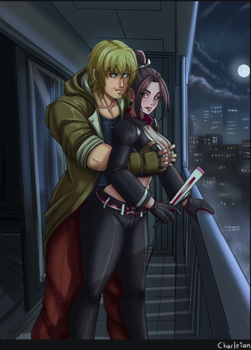 balcony beard_stubble black_gloves blonde_hair blue_eyes brown_eyes brown_hair capcom capcom_vs._snk_2 city cloud cloudy_sky coat facial_hair fatal_fury fatal_fury:_city_of_the_wolves fog folding_fan full_moon gloves grabbing_another&#039;s_breast grabbing_from_behind groping hand_fan high_ponytail highres holding holding_fan ken_masters moon night night_sky non-web_source open_clothes open_coat ponytail shiranui_mai sky snk street_fighter street_fighter_6 stubble the_king_of_fighters