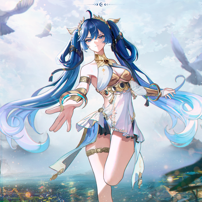 1girl absurdres ahoge ancient_greek_clothes armlet bare_shoulders bird black_skirt blue_eyes blue_hair breasts chromatic_aberration cleavage closed_mouth commentary foot_out_of_frame gold_bra gradient_hair greco-roman_clothes hair_belt hair_between_eyes head_wreath highres iuno_(wuthering_waves) jewelry long_hair looking_at_viewer medium_breasts miniskirt multicolored_hair nervi_fd outdoors serious showgirl_skirt skirt sky solo thigh_gap thighlet thighs twintails very_long_hair white_bird wuthering_waves