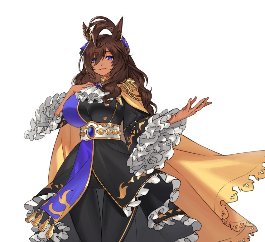 1girl ascot blue_gemstone cape commentary cowboy_shot dark-skinned_female dark_skin ear_ornament epaulettes folded_ponytail frilled_skirt frilled_sleeves frills fukuro_(maruaru00) gem hair_between_eyes hand_on_own_chest highres king_kamehameha_(umamusume) lace-trimmed_cape outstretched_hand purple_eyes simple_background skirt solo umamusume white_ascot white_background yellow_cape