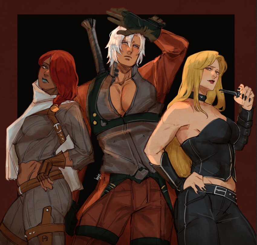 1boy belt black_gloves blue_eyes braid breasts closed_mouth coat crop_top dante_(devil_may_cry) dark-skinned_female dark_skin devil_may_cry devil_may_cry_(series) devil_may_cry_2 fingerless_gloves gloves hair_over_one_eye hejee highres long_hair lucia_(devil_may_cry) midriff multiple_girls navel pants pinstripe_pants pinstripe_pattern red_hair short_hair silver_lips simple_background trish_(devil_may_cry) weapon white_hair