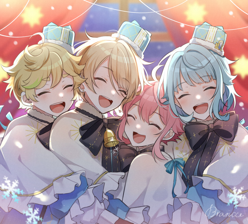 4boys :d ^_^ androgynous backlighting bishounen blurry blurry_background closed_eyes curtains ensemble_stars! fairy_lights group_hug harukawa_sora_(brancho_brancho) height_difference highres himemiya_tori_(brancho_brancho) hug male_focus matching_outfits multiple_boys night official_alternate_costume open_mouth red_curtains shino_(sinotaro_) shino_hajime_(brancho_brancho) shiratori_aira_(brancho_brancho)_(ensemble_stars!) smile snowflakes snowing upper_body window