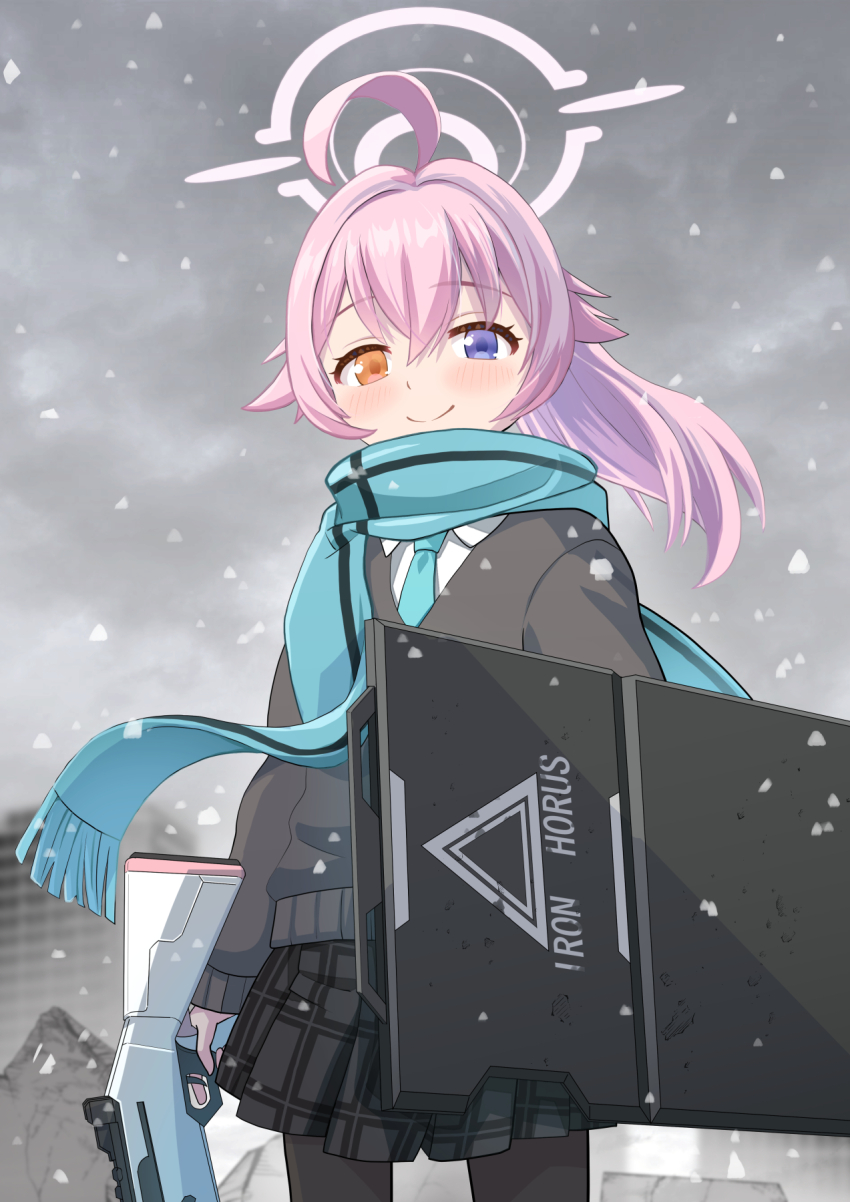 1girl ahoge aqua_necktie black_pantyhose black_skirt blue_archive blue_eyes blue_scarf blush cardigan closed_mouth collared_shirt fringe_trim grey_cardigan hair_between_eyes halo haniwa_(leaf_garden) heterochromia highres hoshino_(blue_archive) long_hair long_sleeves looking_at_viewer necktie pantyhose pink_hair pink_halo plaid_clothes plaid_skirt pleated_skirt scarf shield shirt skirt smile solo white_shirt yellow_eyes