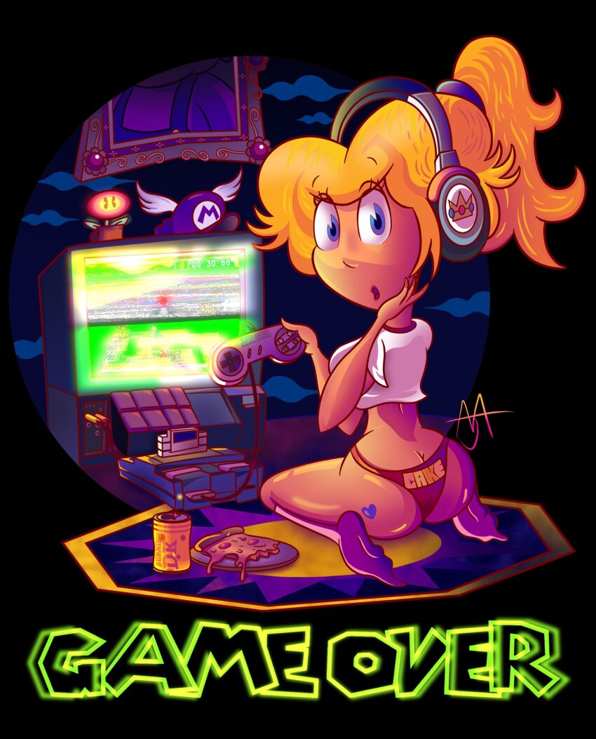 1girl ass blonde_hair blue_eyes breasts butt_crack controller crown drink fire_flower food game_console game_controller game_over headphones highres legs looking_at_viewer mario mario_(series) mario_kart medium_breasts midriff nintendo panties pink_panties pizza ponytail portrait princess_peach print_panties shiny_skin socks super_mario_64 super_mario_kart super_nintendo underwear wing_cap