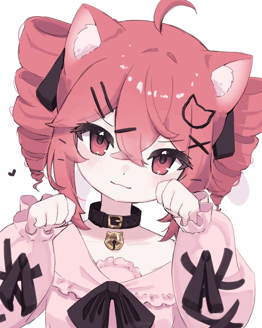 1girl ahoge alternate_costume animal_ears aomie arms_up belt_collar black_ribbon blush cat_ears closed_mouth collar drill_hair flat_chest hair_between_eyes hair_ornament hairclip highres kasane_teto looking_at_viewer neck_ribbon paw_pose pink_shirt red_eyes red_hair ribbon shirt simple_background solo twin_drills upper_body utau white_background