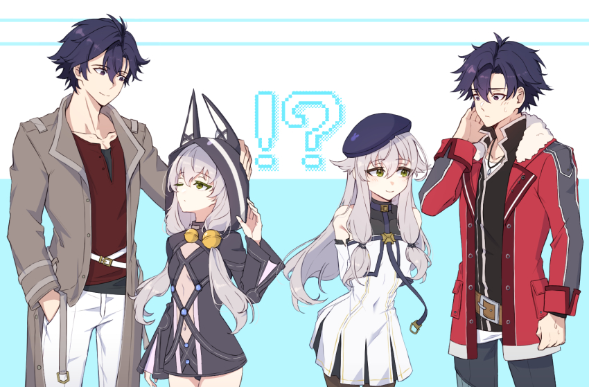 !? 1boy 1girl altina_orion animal_ear_hood arm_behind_back breasts coat curtained_hair detached_sleeves double-parted_bangs dress eiyuu_densetsu fake_animal_ears fur_collar fur_trim green_eyes hair_between_eyes hand_in_pocket headpat hood hoodie jewelry kai_no_kiseki kuro_no_kiseki_(series) navel open_clothes open_coat pendant purple_eyes rean_schwarzer sen_no_kiseki sen_no_kiseki_(series) sen_no_kiseki_ii sidelocks simple_background small_breasts smile thighhighs two-tone_background tyotyo4546 underboob