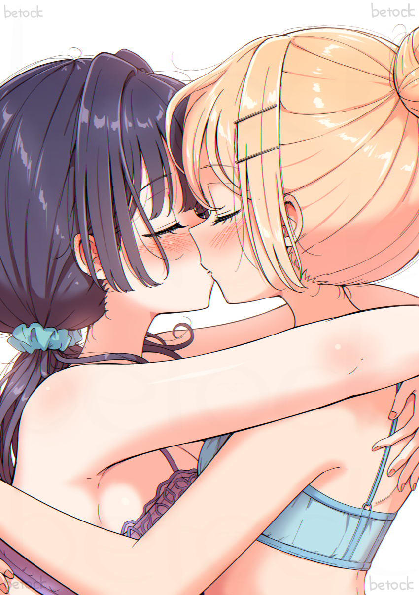 2girls absurdres betock blonde_hair blue_bra blue_hair blue_scrunchie bra breasts closed_eyes commentary_request hair_bun hair_ornament hair_scrunchie hairclip highres hug kiss large_breasts long_hair low_twintails multiple_girls original purple_bra scrunchie short_hair simple_background single_hair_bun twintails underwear upper_body white_background yuri