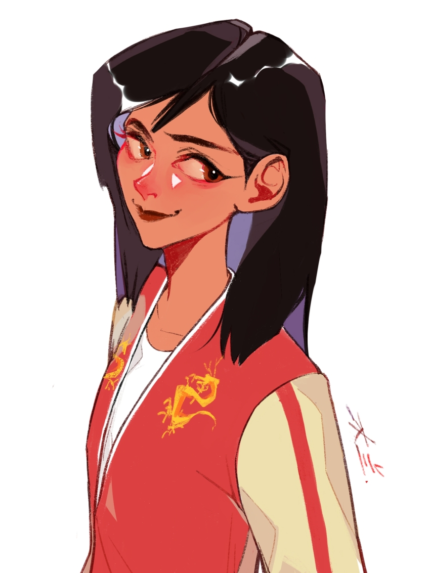 1girl asian black_hair brown_eyes brown_hair casual fa_mulan_(disney) highres long_hair looking_at_viewer magnolia makeup mulan_(movie) shirt simple_background smile solo upper_body user_vscs3532 wreck-it_ralph