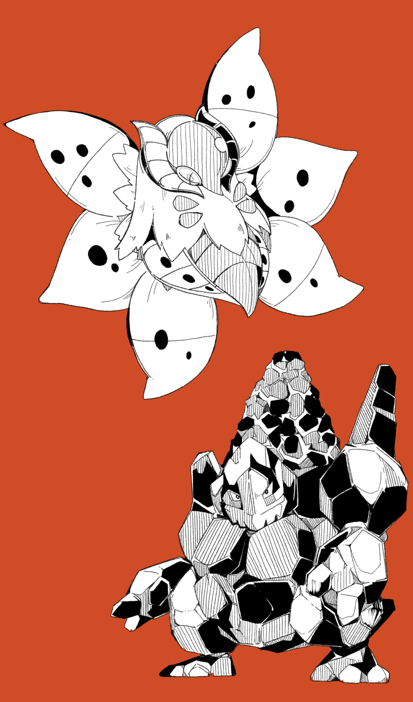 absurdres coalossal full_body gen_5_pokemon gen_8_pokemon greyscale greyscale_with_colored_background high_contrast highres looking_at_viewer massakasama monochrome nintendo no_humans pokemon pokemon_(creature) red_background rock simple_background standing volcarona wings