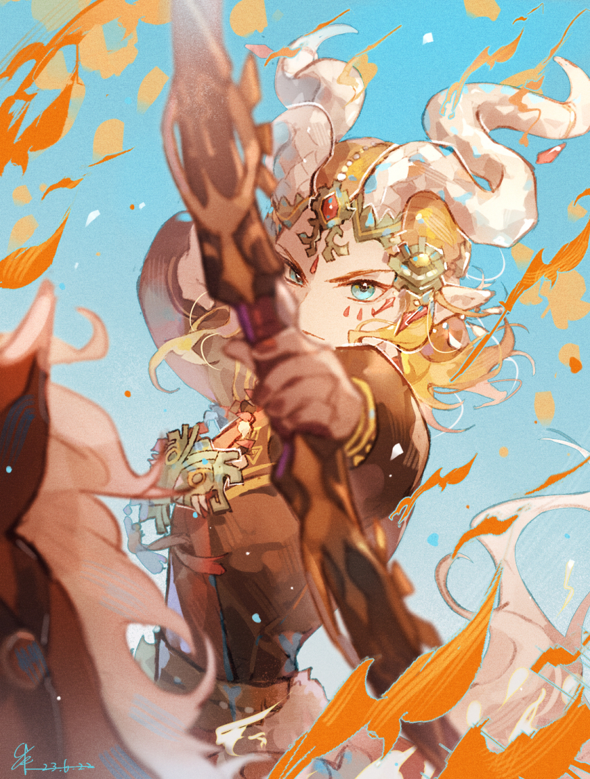an_(bfzann) blue_eyes blue_sky bow_(weapon) ember_set_(zelda) fake_horns fire headdress highres holding holding_bow_(weapon) holding_weapon horns horseback_archery horseback_riding light_brown_hair link looking_at_viewer nintendo riding sky the_legend_of_zelda the_legend_of_zelda:_tears_of_the_kingdom weapon