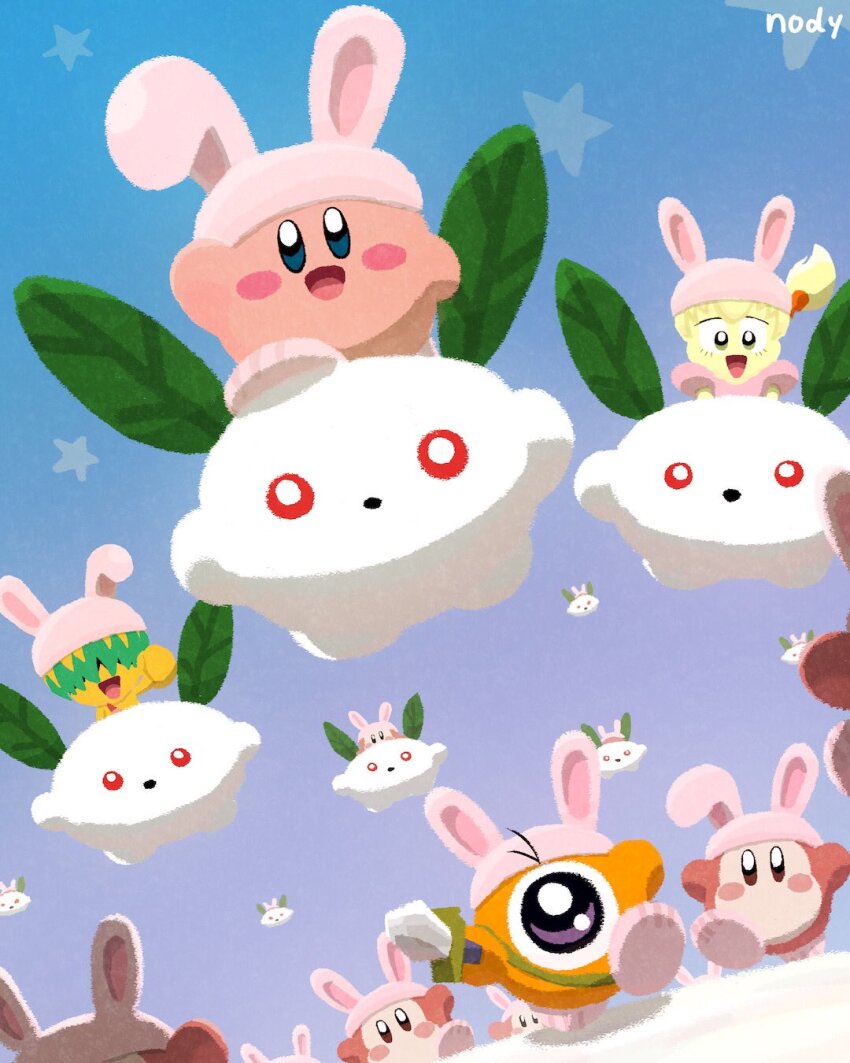 :d artist_name blue_eyes blue_sky bright_pupils bun_(kirby) colored_skin commentary_request flying fumu_(kirby) highres kirby kirby:_right_back_at_ya! kirby_(series) leaf nintendo nody_(nody_lowmoo) one-eyed open_mouth pink_skin red_eyes sky smile star_(symbol) waddle_dee waddle_doo walking waving white_pupils