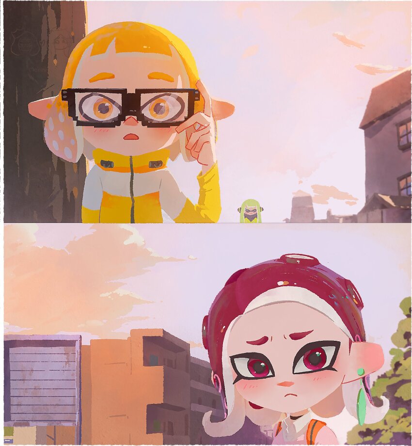 3girls agent_3_(splatoon) agent_4_(splatoon) agent_8_(splatoon) black-framed_eyewear blonde_hair closed_mouth dandadan derivative_work earrings glasses highres inkling inkling_girl inkling_player_character jewelry long_hair medium_hair multiple_girls nintendo open_mouth outdoors red_eyes red_hair screenshot_redraw splatoon_(series) splatoon_1 splatoon_2 splatoon_2:_octo_expansion standing tentacle_hair yellow_eyes zhang_tian57284