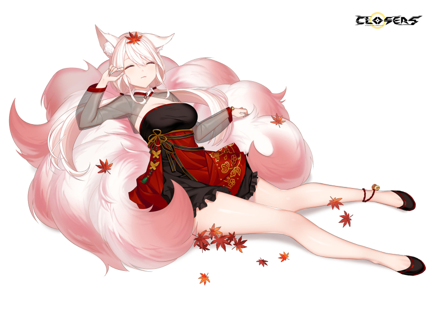 1girl alternate_hair_color animal_ear_fluff animal_ears ankle_bell autumn_leaves black_dress black_footwear breasts cleavage cleavage_cutout closed_eyes closed_mouth closers clothing_cutout copyright_name dress fox_ears fox_girl fox_tail full_body hand_up highres kitsune kyuubi large_breasts layered_dress leaf leaf_on_head levia_(closers) logo long_hair long_sleeves low_twintails lying lying_on_tail maple_leaf multiple_tails official_art on_back pink_tail red_dress rubbing_eyes see-through_clothes see-through_sleeves single_ear_down sleeping solo tail twintails two-tone_dress white_background white_hair