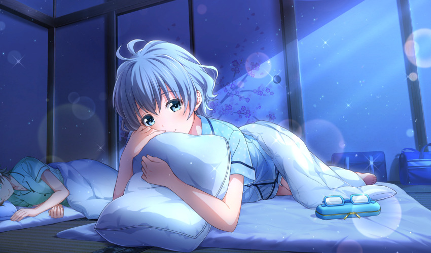 2girls aqua_eyes black_bag blue-framed_eyewear blue_hair blue_pajamas cinderella_series dutch_angle film_grain fusuma futon game_cg glasses green_eyes green_hair green_pajamas hachigatsu_no_cinderella_nine hase_maria highres holding holding_pillow indoors lens_flare light_blue_hair light_particles looking_at_viewer lying multiple_girls nakano_ayaka non-web_source official_art on_side pajamas pillow rectangular_eyewear short_hair short_sleeves sliding_doors smile solo_focus sparkle tatami unworn_eyewear