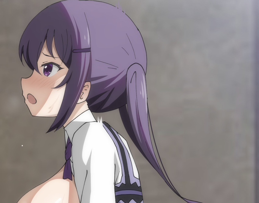 1girl :o blurry blurry_background blush breasts breasts_out collared_shirt gochuumon_wa_usagi_desu_ka? hair_ornament hairclip long_hair long_sleeves open_clothes open_mouth open_shirt out-of-frame_censoring poa_mellhen profile purple_eyes purple_hair purple_vest rabbit_house_uniform shirt sidelocks tedeza_rize twintails vest white_shirt