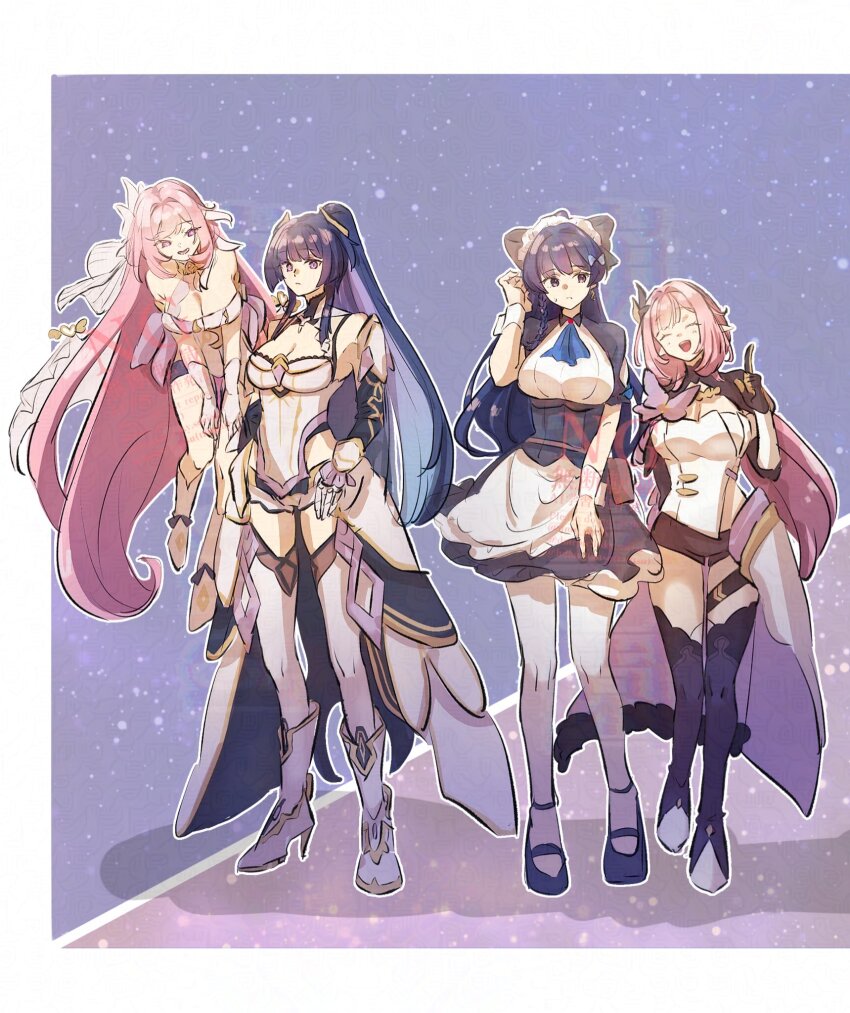 4girls black_footwear black_gloves black_shorts boots breasts cleavage commentary_request corset dmr_pic elf elysia_(herrscher_of_human:_ego)_(honkai_impact) elysia_(honkai_impact) elysia_(miss_pink_elf)_(honkai_impact) fake_horns floating_hair full_body gloves high_heel_boots high_heels high_ponytail highres honkai_(series) honkai_impact_3rd horns large_breasts long_hair multiple_girls open_mouth pantyhose pink_hair pointy_ears ponytail purple_eyes purple_hair raiden_mei raiden_mei_(herrscher_of_origin) shorts smile standing standing_on_one_leg two-tone_background veil very_long_hair white_corset white_footwear white_gloves white_pantyhose white_veil
