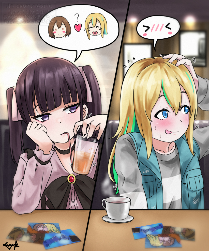 2girls absurdres black_choker black_hair blonde_hair blue_eyes blue_vest blush center_frills choker commentary cup dress_shirt drinking_straw drinking_straw_in_mouth english_commentary frills green_hair grey_sweater hand_on_own_head heart highres holding holding_cup jirai_kei kouzuki_mahiru long_hair multicolored_hair multiple_girls mutsuki_(mutsuki0110) nervous_sweating ongeki photo_(object) pink_shirt roots_(hair) setou_mero shirt streaked_hair sweat sweater tongue tongue_out twintails vest watermark yamanouchi_kano yoru_no_kurage_wa_oyogenai yuri