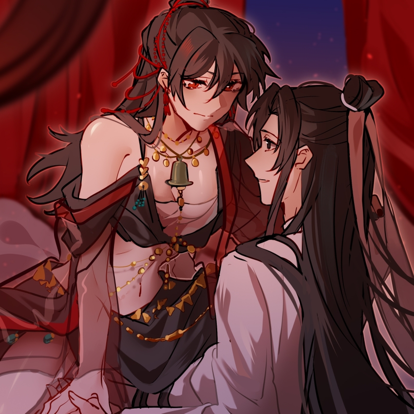 1boy 1girl alternate_costume arabian_clothes artist_request bare_shoulders bell black_eyes black_hair breasts chest_sarashi chinese_commentary cleavage closed_mouth coin_(ornament) commission curtains dancer dao_gui_yi_xian earrings genderswap genderswap_(mtf) hair_bun hair_ornament hair_ribbon harem_outfit hetero highres holding_hands jewelry li_huowang long_hair long_sleeves looking_at_another medium_breasts midriff navel neck_bell necklace on_bed red_eyes red_veil ribbon sarashi second-party_source see-through_clothes see-through_veil shirt single_hair_bun sitting sitting_on_person smile straddling tassel tassel_earrings veil white_ribbon white_shirt zhuge_yuan