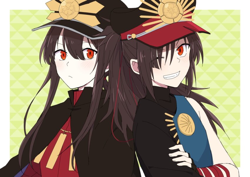 1boy asymmetrical_clothes black_cape black_gloves black_hat border brothers brown_hair cape closed_mouth crest crossed_arms family_crest fate/grand_order fate_(series) fingerless_gloves frown gloves green_background grin hair_between_eyes hair_over_one_eye hat high_collar jacket kepi light_blush long_hair long_sleeves looking_at_another looking_at_viewer looking_to_the_side low_ponytail male_focus medallion military_hat military_jacket military_uniform oda_kippoushi_(fate) oda_nobukatsu_(fate) oda_nobunaga_(fate) oda_uri one_eye_closed patterned_background peaked_cap ponytail red_eyes red_jacket siblings sidelocks single_sleeve smile teramoto_kei uroko_(pattern) white_border wrist_wrap