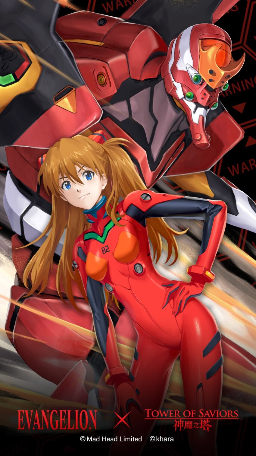 1girl bodysuit breasts brown_hair copyright_name curvy eva_02 hand_on_own_hip highres logo long_hair looking_at_viewer mecha_pilot_suit neon_genesis_evangelion official_art plugsuit_(evangelion) red_bodysuit red_theme shiny_clothes shiny_skin smile solo souryuu_asuka_langley standing tower_of_saviors wide_hips