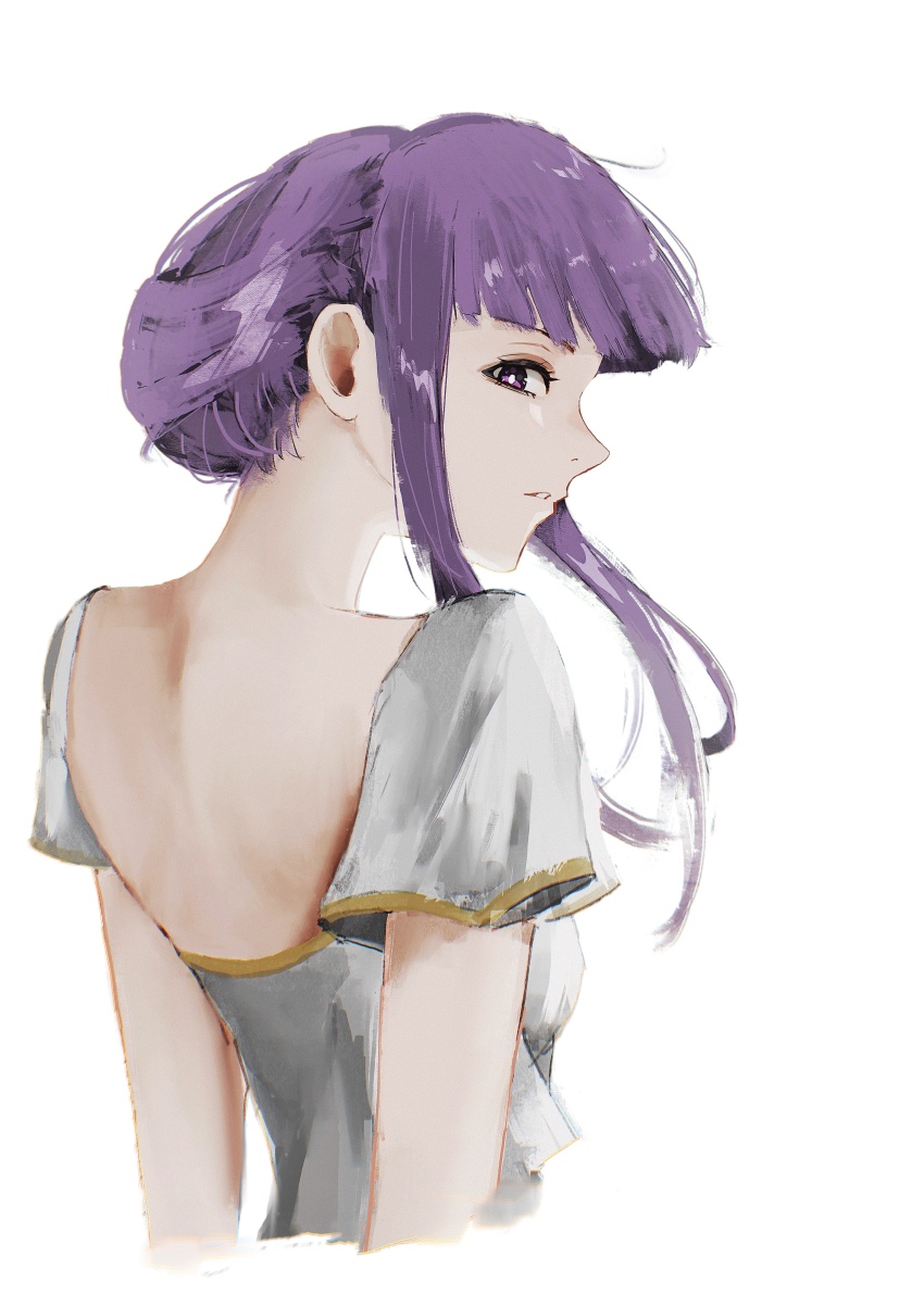 1girl absurdres alternate_hairstyle back bright_pupils closed_mouth cropped_torso dress fern_(sousou_no_frieren) folded_hair from_behind hazuki_kono highres looking_at_viewer looking_back profile purple_eyes short_hair_with_long_locks short_sleeves shoulder_blades simple_background solo sousou_no_frieren upper_body white_background white_dress white_pupils