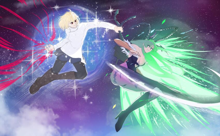 2girls ahoge animal_print arcueid_brunestud bat_(animal) bat_print bat_wings battle belt_boots black_pantyhose blonde_hair blue_skirt boots breasts brown_boots capcom cleavage crossover darkstalkers demon_girl fighting fighting_stance fingernails floating full_moon grabbing_another&#039;s_wing green_eyes grey_hair high_heels highres jewelry large_breasts long_hair looking_at_another medium_breasts melty_blood moon morrigan_aensland multiple_girls necklace night night_sky open_hand pantyhose purple_pantyhose red_eyes sharp_fingernails short_hair skirt sky smile sparkle star_(sky) starry_sky sweater thrusters tsukihime tsukihime_(remake) turtleneck turtleneck_sweater type-moon vampire wings