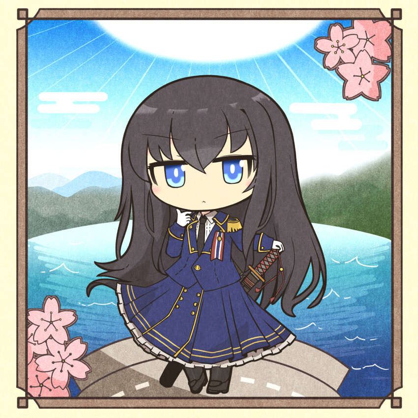 akihiyo black_footwear black_hair black_necktie black_socks blue_eyes blue_skirt border buttons cherry_blossoms chibi collared_shirt commission female_admiral_(kancolle) flower frown gloves highres kantai_collection light_blush long_hair military military_uniform necktie pink_flower pixiv_commission shirt shoulder_pads skirt socks sun sword water weapon white_gloves white_shirt