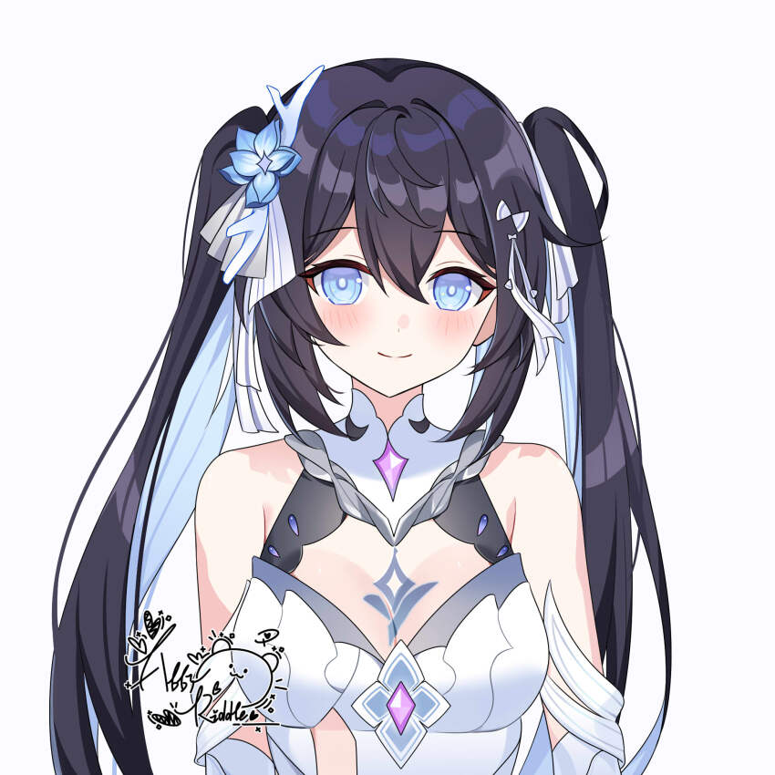 1girl abby_riddle alternate_hairstyle artist_logo bare_shoulders black_hair blue_eyes blue_flower blue_hair body_markings breasts chinese_commentary closed_mouth colored_inner_hair commentary_request flower hair_flower hair_ornament highres honkai_(series) honkai_impact_3rd logo long_hair multicolored_hair seele_vollerei seele_vollerei_(herrscher_of_rebirth) sidelocks simple_background small_breasts smile solo twintails upper_body white_background