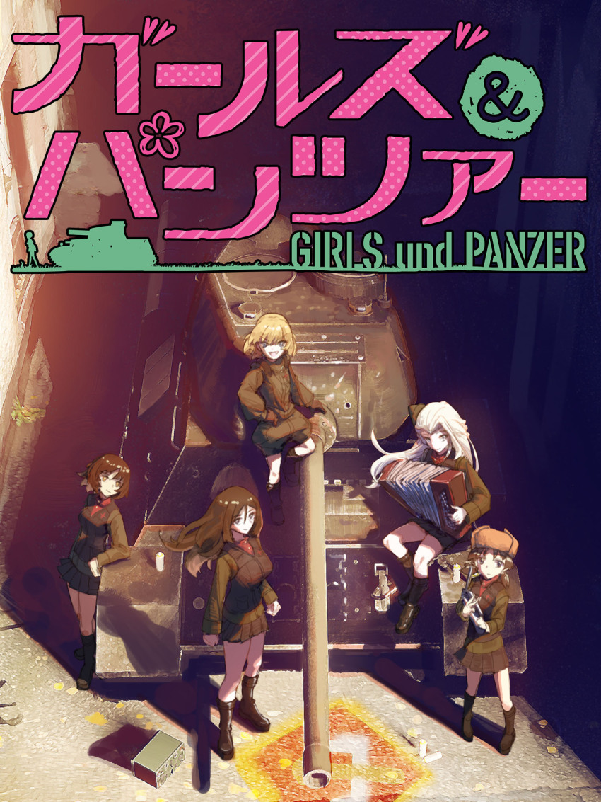 1girl 5girls accordion alina_(girls_und_panzer) ammunition_box black_footwear black_gloves black_hair black_skirt black_vest blonde_hair blue_eyes bob_cut boots brown_hair brown_hat chinese_commentary clara_(girls_und_panzer) closed_mouth commentary commentary_request copyright_name emblem english_commentary fang fur_hat girls_und_panzer gloves green_jacket green_jumpsuit hand_on_own_hip hat highres instrument jacket jumpsuit katyusha_(girls_und_panzer) knee_up long_hair long_sleeves looking_at_viewer low_twintails military_uniform military_vehicle miniskirt mixed-language_commentary motor_vehicle multiple_girls music nina_(girls_und_panzer) nonna_(girls_und_panzer) open_mouth partial_commentary playing_instrument pleated_skirt pravda_(emblem) pravda_military_uniform red_shirt shadow shirt short_hair short_jumpsuit sitting skirt smile standing t-34 tank taru_kira turtleneck twintails ushanka vest wind