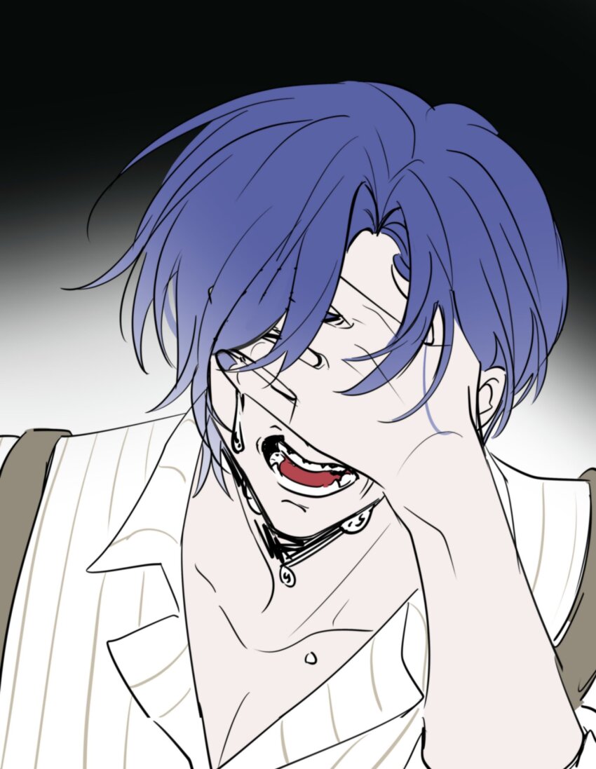 1boy adam_moonlit blue_hair blue_nails collarbone collared_shirt covering_face covering_own_eyes crying despair desperation evillious_nendaiki highres kaimiku_yummy kaito_(vocaloid) male_focus moonlight moonlit_bear_(vocaloid) open_collar open_mouth shirt sketch streaming_tears striped_clothes striped_shirt suspenders tears teeth vocaloid