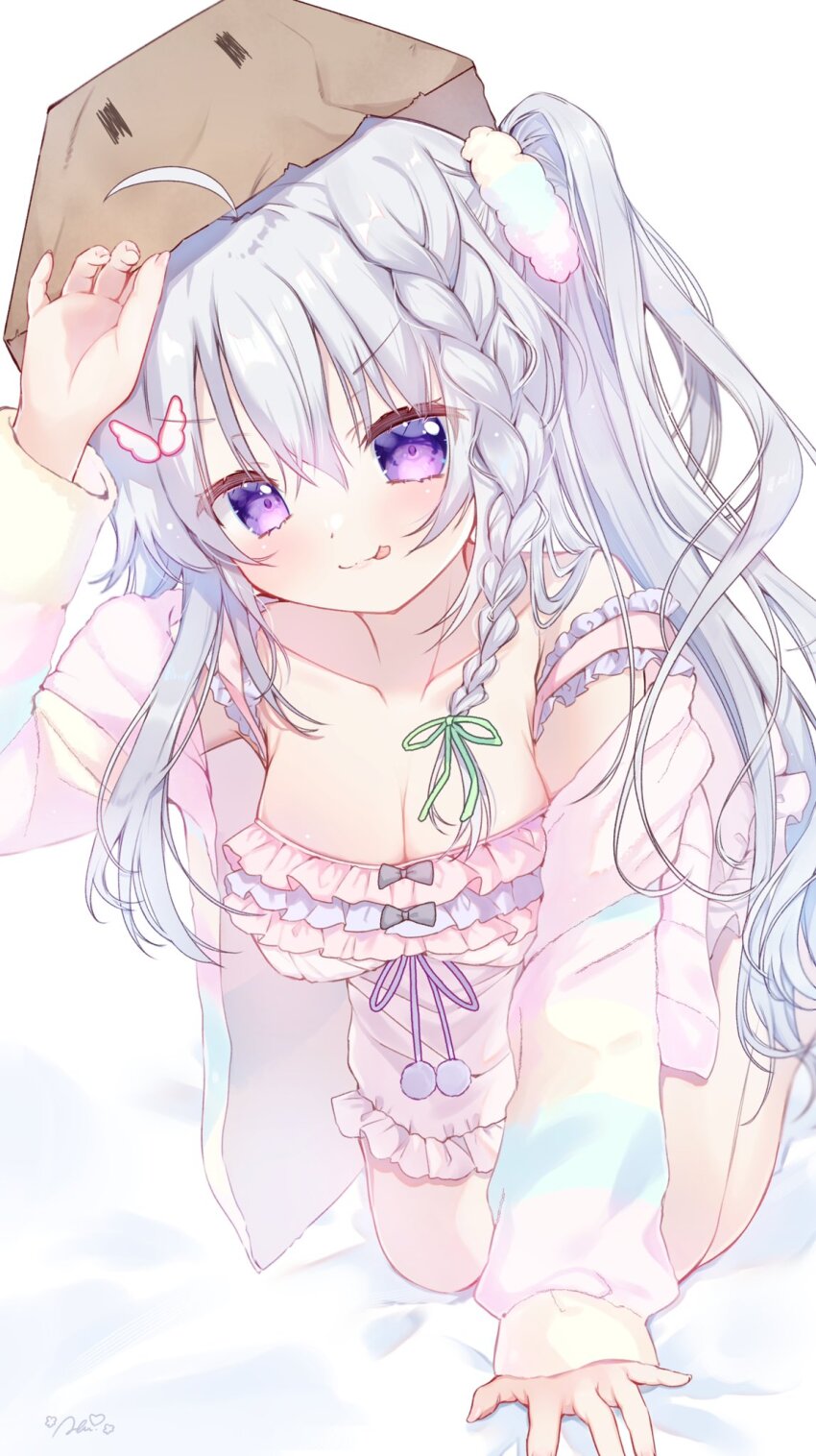 1girl 9-nine- :p ahoge all_fours bag_over_head bed_sheet black_bow blush bow braid breasts butterfly_hair_ornament cleavage closed_mouth collarbone commentary eyes_visible_through_hair foot_out_of_frame frilled_pajamas frills green_ribbon grey_hair hair_between_eyes hair_ornament hair_over_shoulder hair_ribbon hand_up heart highres jacket large_breasts licking_lips long_hair looking_at_viewer naughty_face niimi_sora official_alternate_costume open_clothes open_jacket pajamas pink_pajamas pom_pom_(clothes) purple_eyes ribbon sakura_aki side_ponytail sidelocks signature simple_background single_bare_shoulder single_braid smile solo strap_slip striped_clothes striped_jacket tongue tongue_out v-shaped_eyebrows white_background |_|