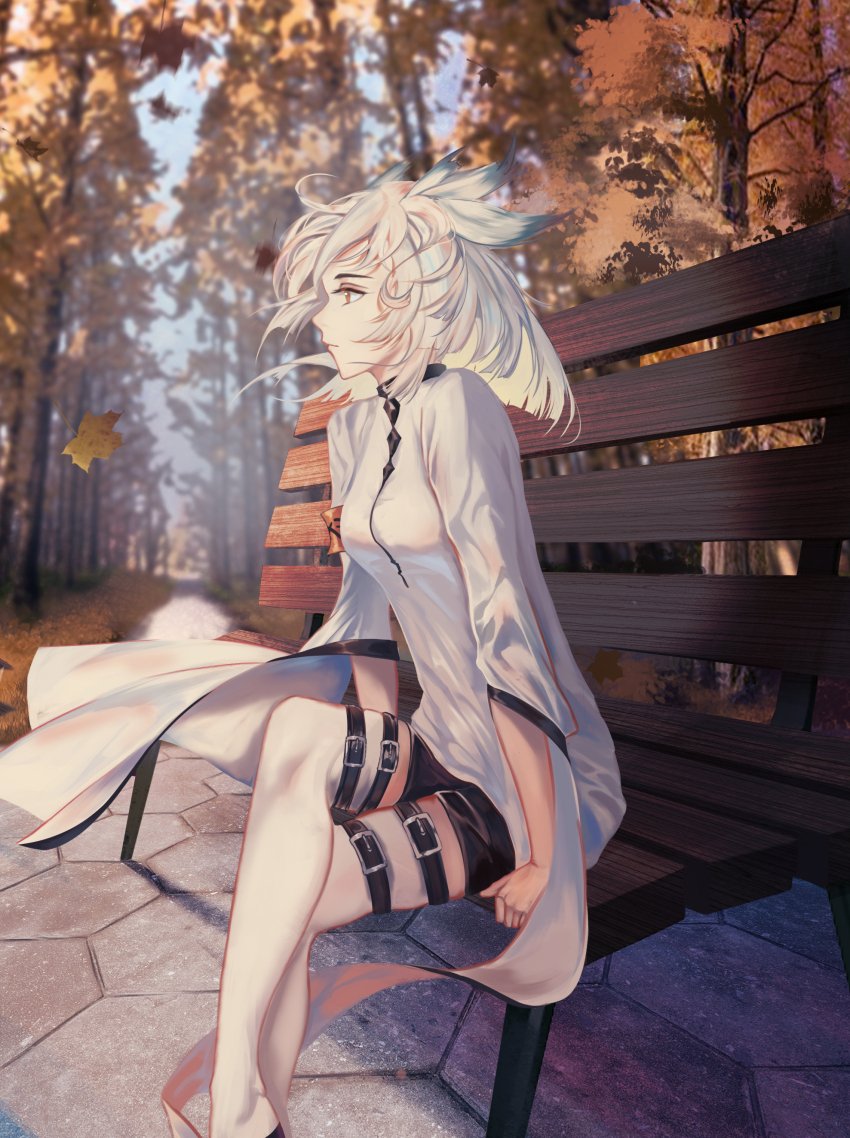 1girl a_zhendechibuxiale absurdres arknights autumn belt boots commentary_request crossed_legs day elite_ii_(arknights) forest highres leaf long_sleeves looking_afar nature orange_eyes outdoors profile ptilopsis_(arknights) ptilopsis_(elite_ii)_(arknights) sitting solo thigh_boots white_hair