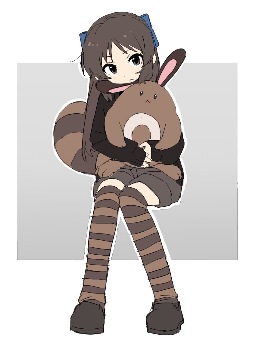 1girl absurdres blue_bow blush bow brown_eyes brown_hair closed_mouth full_body gen_2_pokemon hair_bow hamayakikaijo highres holding holding_stuffed_toy idolmaster idolmaster_cinderella_girls long_sleeves looking_at_viewer nintendo parted_bangs pokemon pokemon_(creature) sentret short_shorts shorts sitting sleeves_past_wrists solo stuffed_animal stuffed_toy tachibana_arisu thighhighs