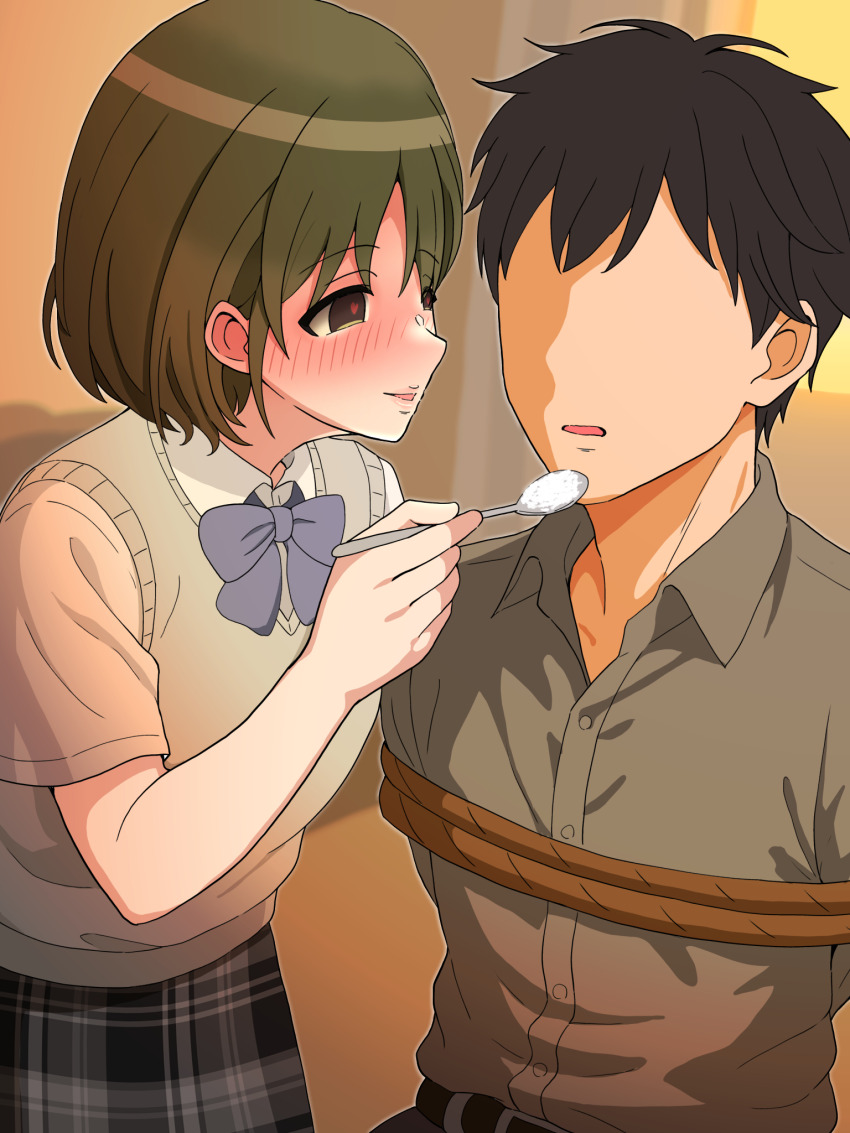 1boy 1girl black_hair black_skirt blue_bow blue_bowtie blush bound bound_torso bow bowtie commentary_request faceless faceless_male feeding green_eyes grey_shirt grey_sweater_vest heart heart-shaped_pupils highres holding holding_spoon hondy_(user_gcxa2842) idolmaster idolmaster_shiny_colors kidnapped looking_at_another nanakusa_nichika producer_(idolmaster) school_uniform shirt short_hair short_sleeves skirt smile spoon sweater_vest symbol-shaped_pupils white_shirt yandere