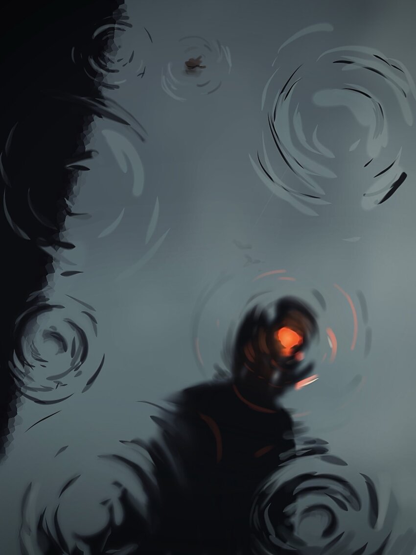 1girl chainsaw_man commentary english_commentary highres makima_(chainsaw_man) muoi_art outdoors puddle rain reflection reflection_focus reflective_liquid ripples solo