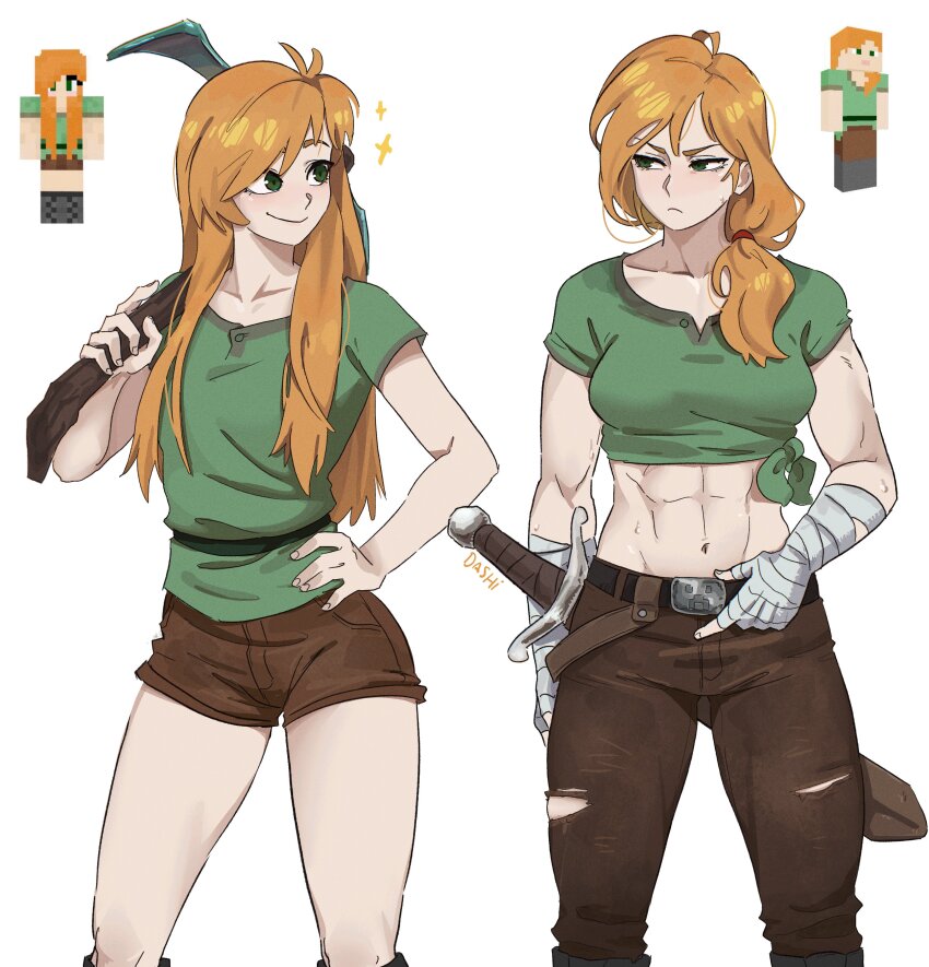 abs absurdres alex_(minecraft) artist_name bandaged_arm bandages belt box_body breasts brown_pants commentary dashi_(dashiart) green_eyes green_shirt highres holding holding_pickaxe long_hair midriff minecraft multiple_views navel orange_hair pants pickaxe ponytail scowl shirt short_shorts short_sleeves shorts simple_background smile sweat_stain sword tied_shirt toned toned_female torn_clothes torn_pants weapon white_background