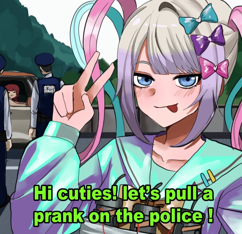 2boys 2girls :p blonde_hair blue_bow blue_eyes blue_hair blue_serafuku bocchi_the_rock! bomb bow car chouzetsusaikawa_tenshi-chan commentary day english_commentary english_text explosive hair_bow hand_up highres hiroi_kikuri imminent_death imminent_suicide japan_national_police motor_vehicle multicolored_hair multiple_boys multiple_girls multiple_hair_bows mykokampfwagen needy_girl_overdose outdoors pink_bow pink_hair pipe_bomb police purple_bow quad_tails school_uniform selfie serafuku subtitled suicide_bomb tongue tongue_out v