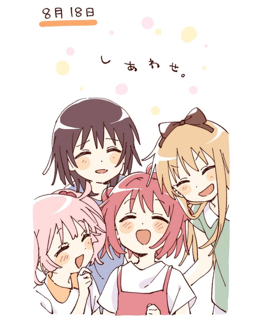 4girls :d ^_^ ahoge akaza_akari blonde_hair blue_shirt blush_stickers bow brown_bow brown_hair closed_eyes collared_shirt commentary_request contrast_collar cropped_torso double_bun facing_viewer funami_yui green_shirt hair_bobbles hair_bow hair_bun hair_ornament highres long_hair multiple_girls namori open_mouth pink_hair red_hair shirt short_hair short_sleeves smile toshinou_kyouko translation_request twintails v-shaped_eyebrows white_shirt yoshikawa_chinatsu yuruyuri
