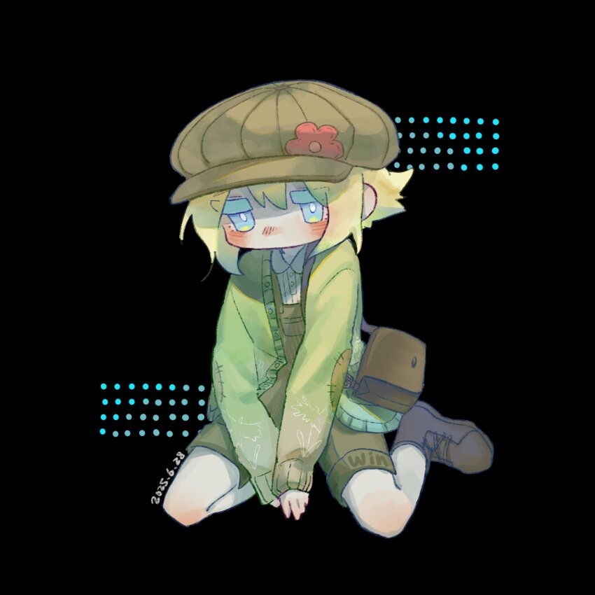 1boy basil_(birthday)_(omori) basil_(faraway)_(omori) basil_(omori) black_background blonde_hair blue_eyes blush boots brown_boots brown_hat brown_overalls dated full_body hat highres long_sleeves looking_at_viewer male_focus no_mouth o51515o omori overall_shorts overalls short_hair simple_background sitting solo